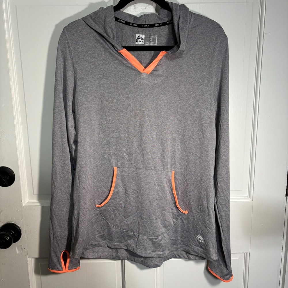 RBX Performance Womens X-Dri Hoodie Gray‎ Neon Orange Trim Thumbholes workout
